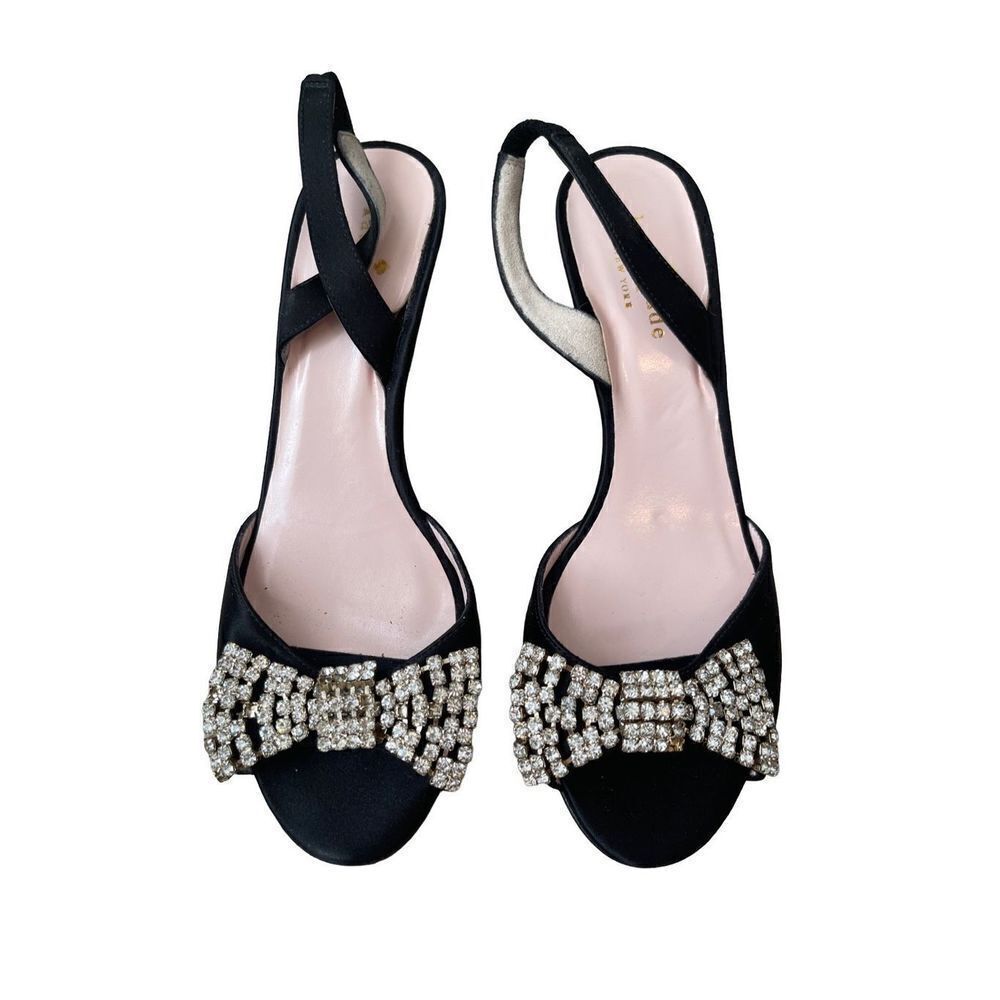 Kate Spade Womens Black Miva Jeweled Bow Satin Slingback Open Toe Heels Sandals